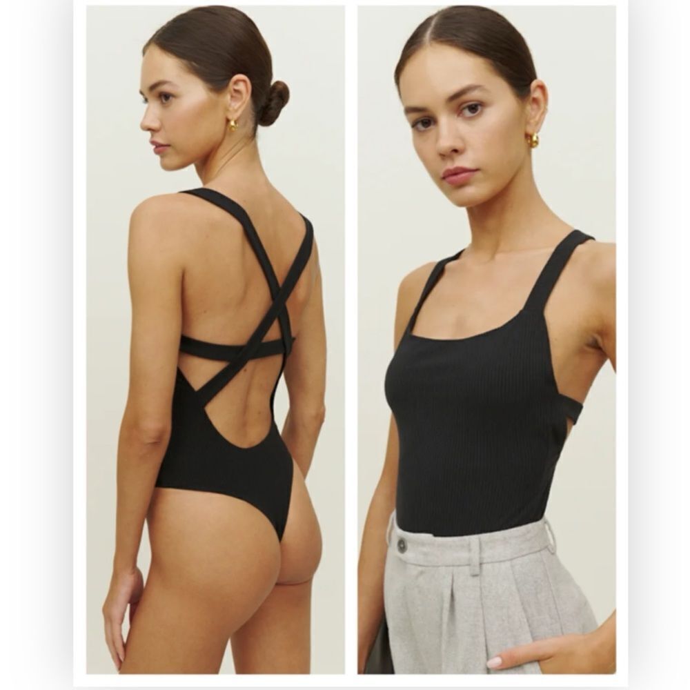 Reformation Reverie knit thong black bodysuit $88